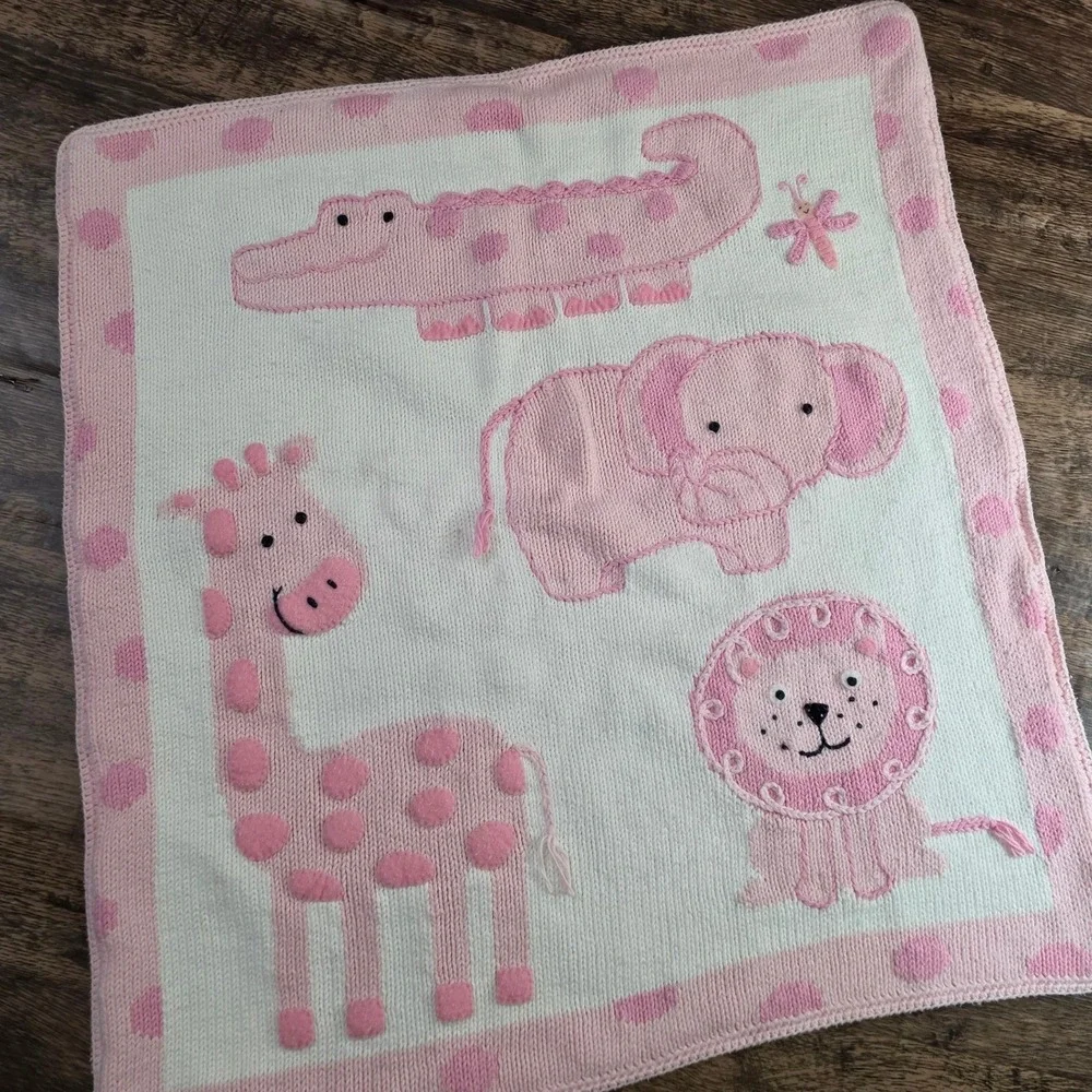 ARTWALK Knit Baby Blanket Unisex Pink White‎ Animal Giraffe Elephant Lion Cotton